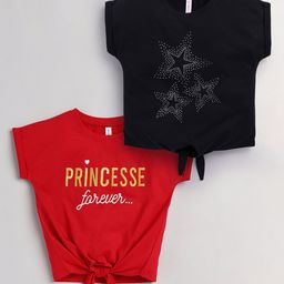 giniekids Cotton Knit Pack Of 2 Half Sleeves Princesse Text & Beads Embellished Stars Designed Tops - Red & Black-image-41