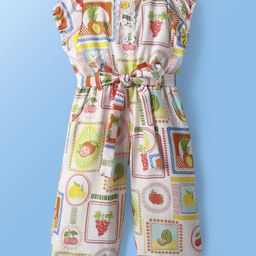 Twetoons Woven Sleeveless Jumpsuit with Belt & Tropical Print - White-image-91