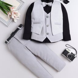 Fourfolds Cotton Blend Woven Chevron Printed 3 Piece Party Suit With Bow Set - Grey-image-45