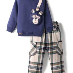 Little Kangaroos Woven Full Sleeves Winter Wear Sweatshirt & Lounge Pant with Checks & Teddy Shaped Pocket - Navy Blue-picture-28