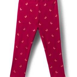 Babyhug Cotton Lycra Knit Full Length Leggings With Stretch & Butterfly Print - Pink-picture-0