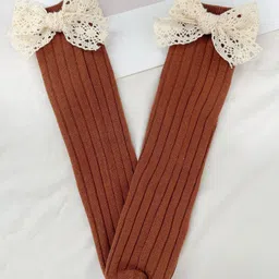 Kidofash Knit Bow Applique Detailed Ribbed Socks - Dark Brown-picture-25