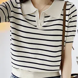 KPOP Striped Polo Collar T-shirt-picture-12