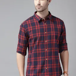 BEAT LONDON by PEPE JEANS Men Navy Blue & Red Pure Cotton Slim Fit Checked Casual Shirt-image-92