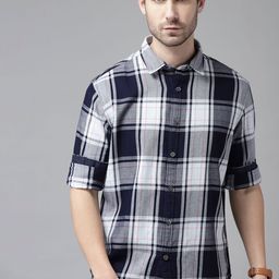 BEAT LONDON by PEPE JEANS Men Navy Blue Pure Cotton Slim Fit Tartan Checked Casual Shirt-image-8