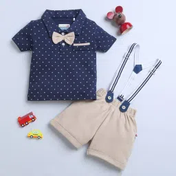 Bumzee Kids Beige & Navy Printed Polo T-Shirt, Shorts, Attached Suspender with Bow-image-28