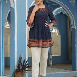 Juniper Indigo Geometric Printed Georgette Peplum Tunic With Tassels-9