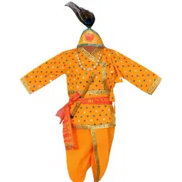 Ahhaaaa Kids Orange Embroidered Kurta, Dhoti, Pagri with Flute-image-93