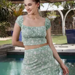Sera Green Printed Crop Top With Skirt-image-73