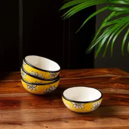 ExclusiveLane 'Californian Sunflowers' Yellow & White Ceramic Dinner Bowl (0.18 L) - Set of 4-9