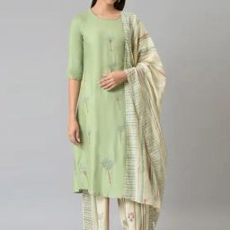 W Women Green Festive Printed Rayon Kurta With Parallel Pant & Dupatta-image-9