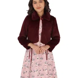 Cutecumber Kids Maroon & Pink Floral Print Full Sleeves Dress with Shrug-image-5