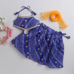 Many Frocks Kids Blue Printed Lehenga, Choli with Dupatta-image-86