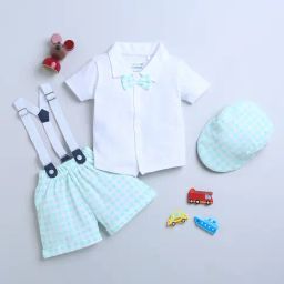 Bumzee Kids Green & White Checks Shirt, Shorts, Cap, Attached Suspender with Bow-image-28