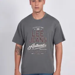 Lee Grey Loose Fit Graphic Print Cotton Oversized Crew T-Shirt-image-3