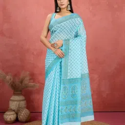 SHANVIKA Turquoise Pure Cotton Floral Saare-image-52