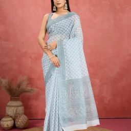 SHANVIKA Green Pure Cotton Floral Saare-image-61