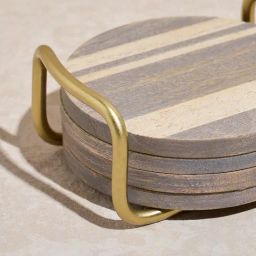 Westside Home Brown Striped Wooden Coasters with Stand ( Set of 4) image 3