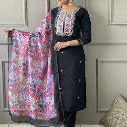 Moda Rapido Floral Embroidered Sequinned Kurta With Trousers & Dupatta-4