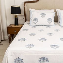 MuddnMe Blue & White Floral Printed 300 TC Cotton Single Bedsheet Set 1.52 m x 2.28 m-image-58