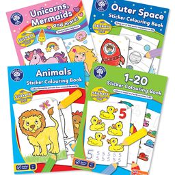 Orchard Toys Set of 4: Unicorn, Mermaids and More, Outer Space, Animals and 1-20 Sticker Colouring Books - English-4