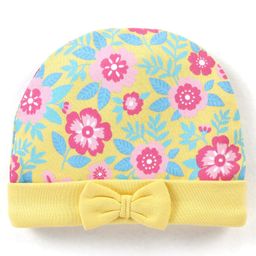 Babyhug 100% Cotton Cap Floral Printed with Bow Applique - Yellow-image-43