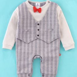Mini Taurus Cotton Full Sleeves Striped Party Rompers with Waistcoat and Bow Applique - Grey-image-17