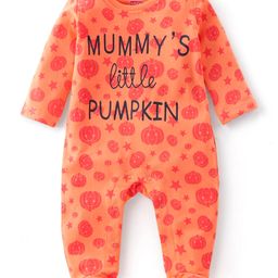Babyhug Cotton Knit Full Sleeves Pumpkin Printed Footed Night Suit - Orange-17