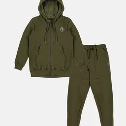 Kiddopanti Full Sleeves Brand Name Placement Printed Hooded Sweatshirt & Fleece Track Pant Set - Military Green-picture-14