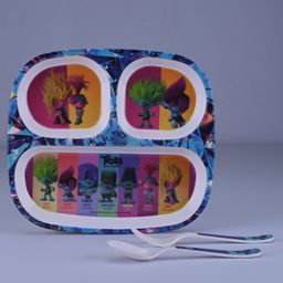 Servewell Trolls Theme 3 Section Rectangular Plate with Fork & Spoon - Multicolor-28