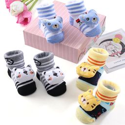 Cute Walk by Babyhug Ankle Length Socks Animal Applique Pack of 3 - Yellow Grey & Blue-image-24