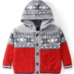 Babyhug Knitted Full Sleeves Front Open Hooded Sweater with Cable Knit Design- Grey & Orange-15