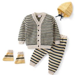 Babyhug Knitted Full Sleeves Front Open Sweater Set with Striped Design Cap & Booties - Beige-18