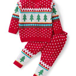 Babyhug Knitted Full Sleeves Baby Sweater Set with Tree Design - Red-picture-27