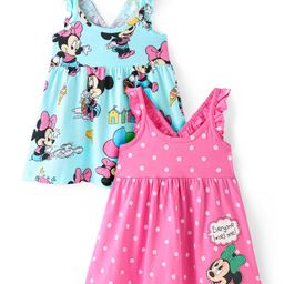Babyhug Disney Cotton Knit Sleeveless Frocks with Minnie Mouse Graphics & Frill Detailing Pack of 2 - Pink & Blue-image-59