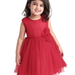 Babyhug Woven Pleated Fabric Sleeveless Solid Party Dress with  Floral Applique - Red-image-69