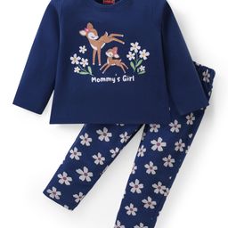 Babyhug Cotton Knit  Full Sleeves Deer & Floral Print Night Suit - Navy Blue-image-35