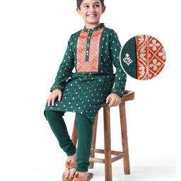 EARTHY TOUCH Single Jersey Premium Knit Full Sleeves Mandarin Collared Printed Kurta Pyjama Set - Dark Green-image-51