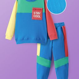 Pine Kids Cotton Knit Full Sleeves Cut & Sew Sweatshirt & Joggers Set with Text Print - Blue & Green-image-98