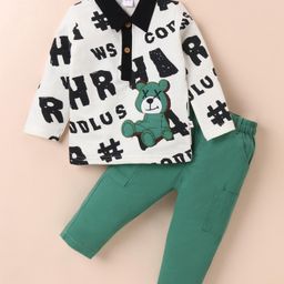 Wow Clothes Cotton Woven Full Sleeves Polo T-Shirt & Trouser Pants Set With Text & Teddy Print - White & Green-image-91