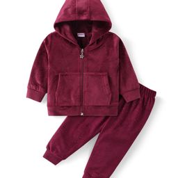 Babyhug Velour Woven Full Sleeves Hooded Front Zipper Winter Wear Co-Ord Set With Kangaroo Pockets - Maroon-image-28