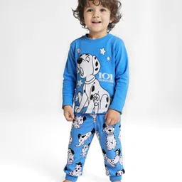 Babyhug Disney Cotton Knit Full Sleeves Night Suit With 101 Dalmatians Print - Blue-picture-14