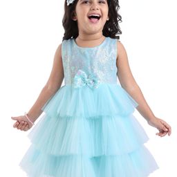 Babyhug Woven Sleeveless Party Dress With Bow Applique & Sequinned Yoke - Light Blue-image-65