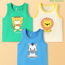 Babyoye Cotton Elastane Knit Sleeveless Vests With Tiger Lion & Zebra Print Pack Of 3 - Blue White & Green-image-68