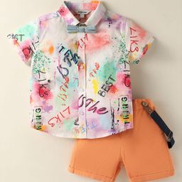 ToffyHouse Poplin Woven Half Sleeves Shirt & Shorts Set with Bow & Suspender with Text Print - Coral-picture-32