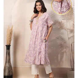 Zelena 100% Rayon Half Sleeves Ethnic Motif Printed Maternity Kurta With Zip Nursing Access & Salwar Set - Lavender & White-picture-29