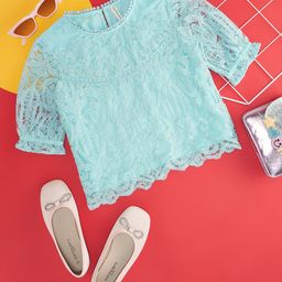 Pantaloons Junior Half Puffed Sleeves Mesh Detailed Solid Top - Aqua Blue-image-48