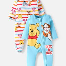 Babyoye Disney Interlock Knit Full Sleeves Footed Sleep Suits With Winnie & Friends Graphic Pack Of 2 - White & Light Blue-image-88