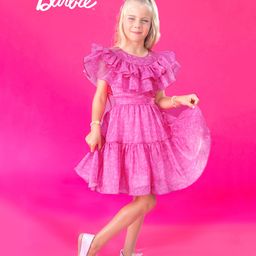 Barbie by Tiny Girl Sleeveless Brand Name Printed Tiered Dress - Hot Pink-image-1