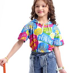 OLLINGTON ST. Cotton Half Sleeves Text Printed Hoodie Top & Stretchable Denim Shorts Set -Multicolor & Blue-image-43